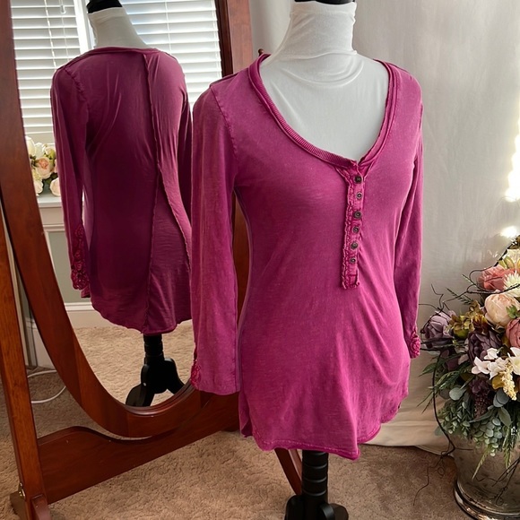 Free People Pink Long Sleeve Tunic with Crocheted Sleeve Cuff - Picture 2 of 7